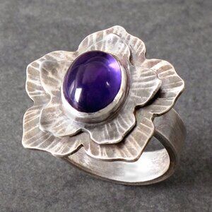 Sterling Silver 925 and Amethyst Flower Petal Ring, Size 6, One-of-a-kind